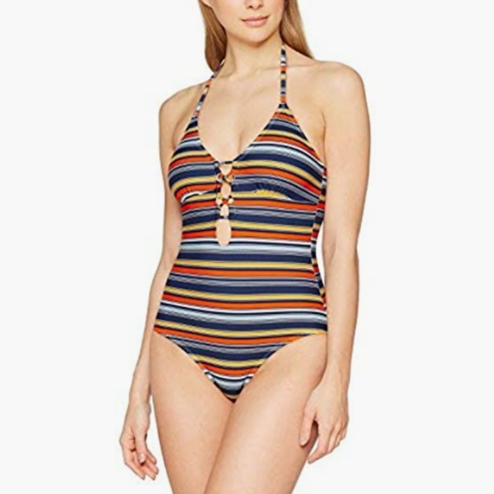 Dorina Swimsuit CUBA  Multi Stripe Halter Neck Tummy Control Size M